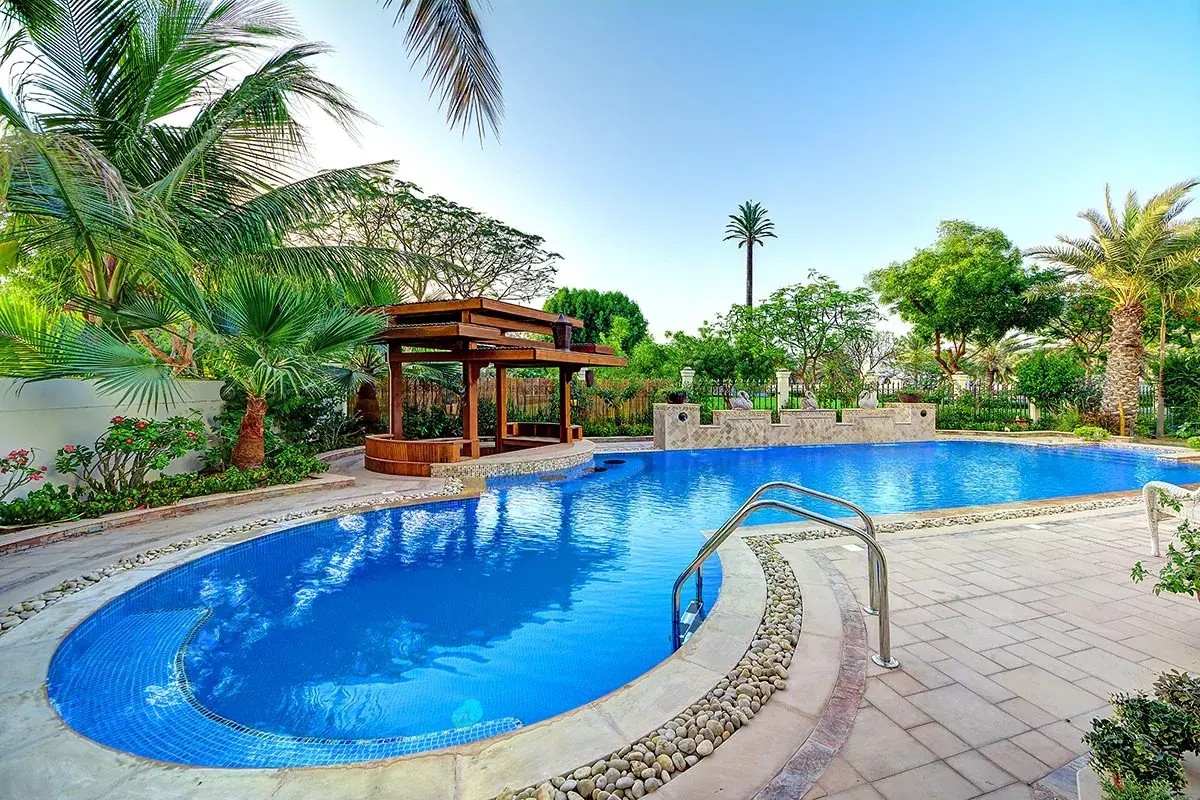 Crystal clear renovated swimming pool with garden surrounds in Dubai